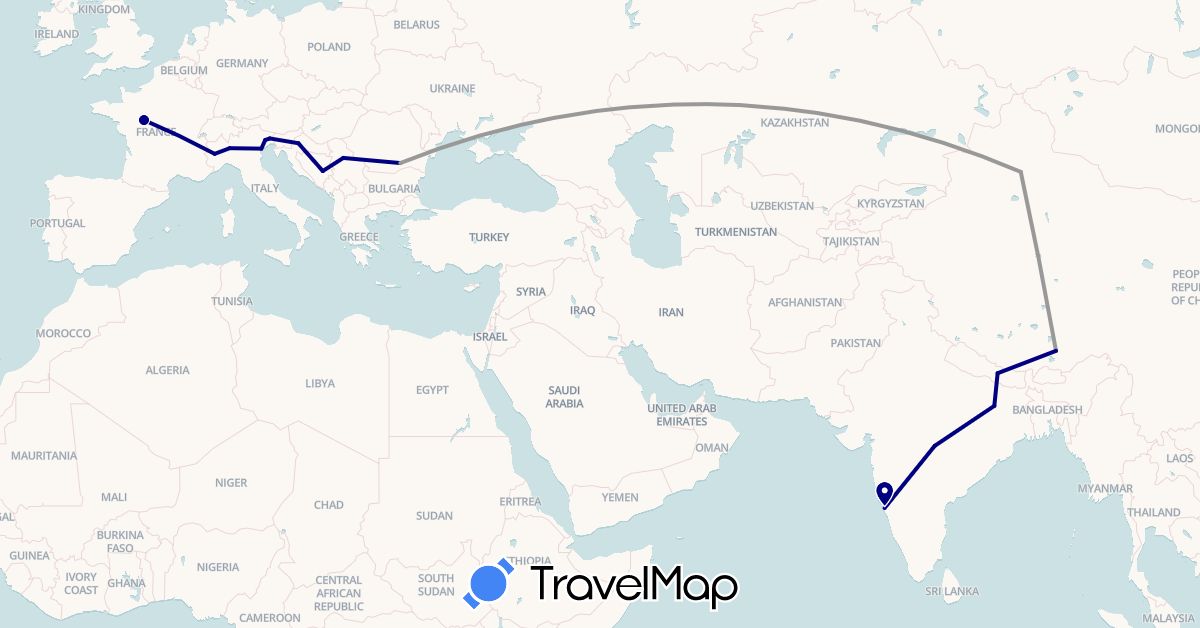 TravelMap itinerary: driving, plane in Bosnia and Herzegovina, Croatia, India, Italy, Nepal, Romania, Serbia (Asia, Europe)